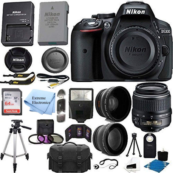 Nikon D5300 24.2 MP CMOS Digital SLR Camera with 18-55mm f/3.5-5.6G ED VR Auto Focus-S DX NIKKOR Zoom Lens +64GB SD Card + accessory Bundle