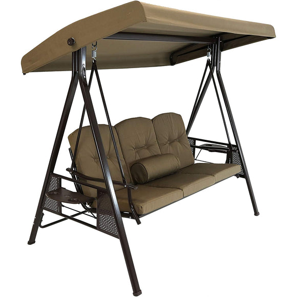 Sunnydaze 3-Person Outdoor Patio Swing Bench with Adjustable Tilt Canopy Durable Steel Metal Frame Cushions and Pillow Included Beige