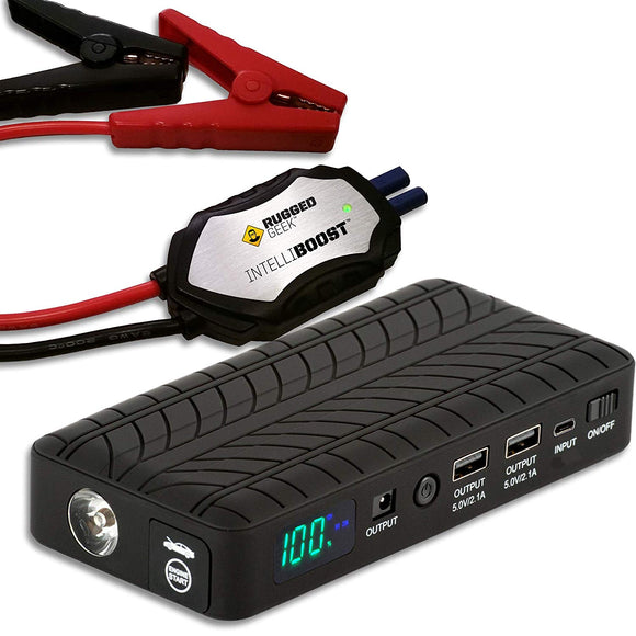 NEW 2019 Rugged Geek RG1000 INTELLIBOOST 1000A Portable Auto Jump Starter and Power Supply with LCD Display. USB Laptop Charging. Emergency Auto Jump Box for Cars Trucks SUVs and Motorbikes.
