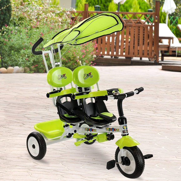 Costzon 4 in 1 Twins Kids Trike Baby Toddler Tricycle Safety Double Rotatable Seat w/Basket (Tandem Tricycle, Green)