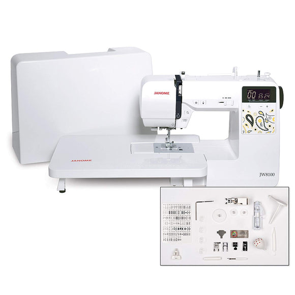 Janome JW8100 Fully-Featured Computerized Sewing Machine with 100 Stitches 7 Buttonholes Hard Cover Extension Table and 22 Accessories