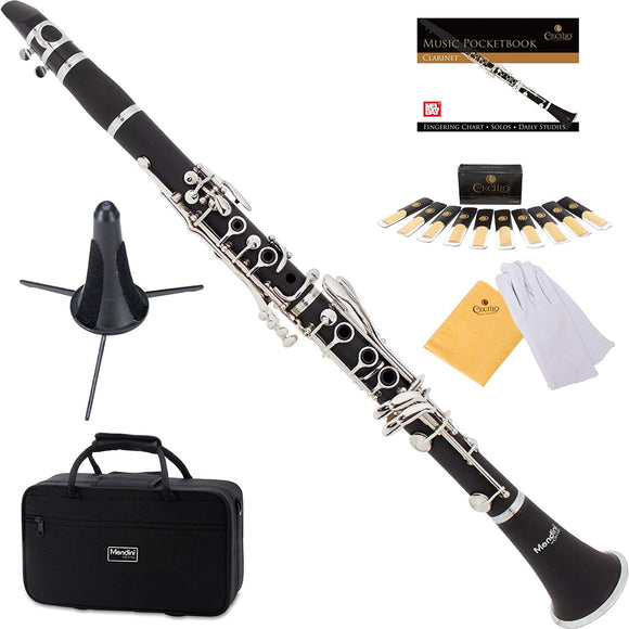 Mendini by Cecilio Bb Clarinet w/1 Year Warranty, Stand,10 Reeds, Pocketbook, Mouthpiece, Case, MCT-E Black Ebonite