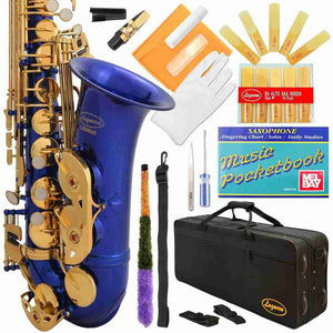 Lazarro Professional Royal Blue Body Gold Keys Eb E Flat Alto Saxophone with 11 Reeds, Case, Music Book and Many Extras, 360-BU