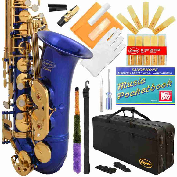 Lazarro Professional Royal Blue Body Gold Keys Eb E Flat Alto Saxophone with 11 Reeds, Case, Music Book and Many Extras, 360-BU