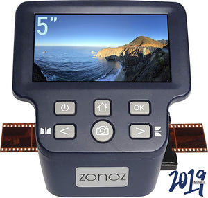 zonoz FS-Four Digital Film & Slide Scanner w/HDMI Output – Converts 35mm, 126, 110, Super 8 & 8mm Film Negatives & Slides to JPEG – Includes Large Bright 5-Inch LCD, Easy-Load Film Inserts Adapters